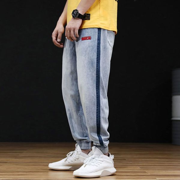 

2021 new japanese vintage fashion loose fit light blue stripe designer denim cargo pants streetwear hip hop jeans men joggers tl9b