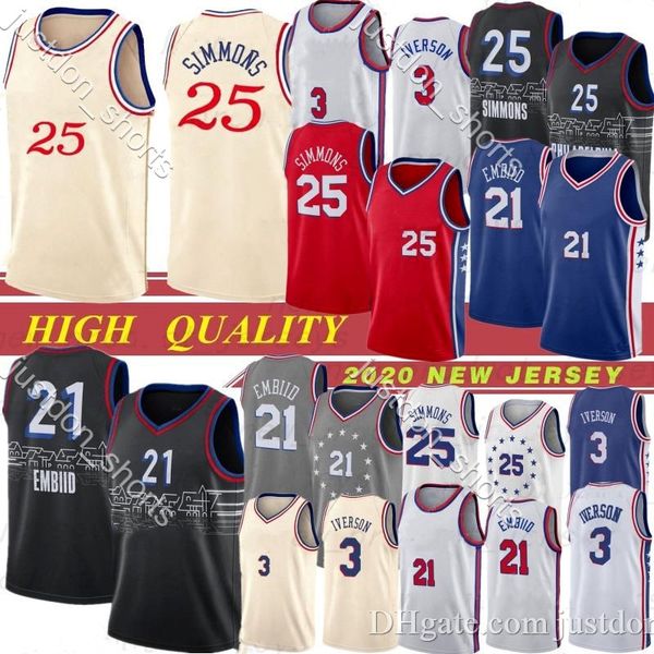 

joel 21 embiid jersey ben 25 simmons al 42 horford 2020 ncaa mens new jersey basketball jerseys allen 3 iverson 21 embiid 25 simmons, Black;red