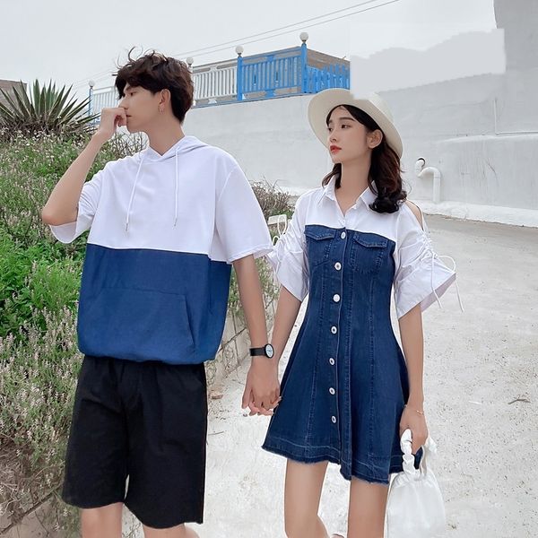 

t5xjv design sense dresst-shirt dress lovers red hooded t-shirt men's short sleeves 2020 new denim stitching d2onb net summer girl dres, Black;gray