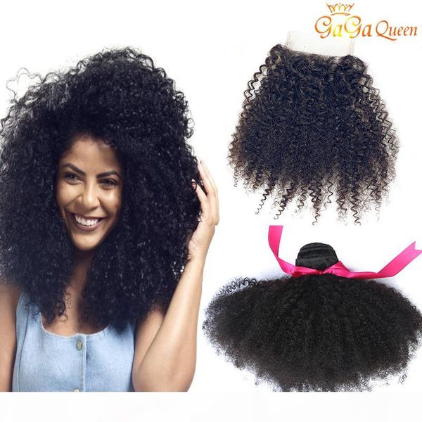 

brazilian afro kinky curly hair bundles with closure unprocessed afro kinky curly with 4x4 lace closure brazilian human hair extensions a, Black;brown