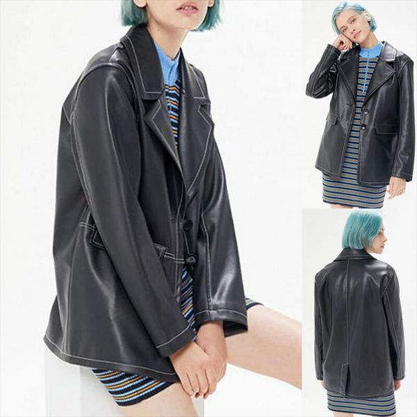 

осень урожай женщина кожа bomber jacket мотоцикл велосипед отворот пальто вскользь женщины с длинным рукавом свободных пальто, Black