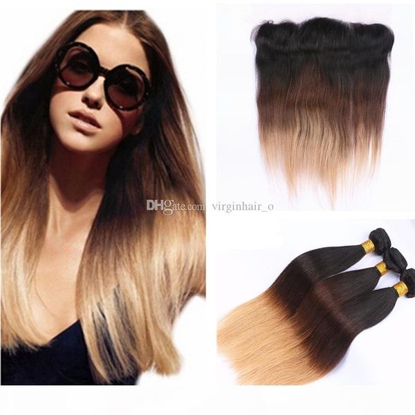 

#1b 4 27 honey blonde ombre 13x4 lace frontal closure with bundles 9a brazilian straight virgin human hair weave with full lace frontals, Black