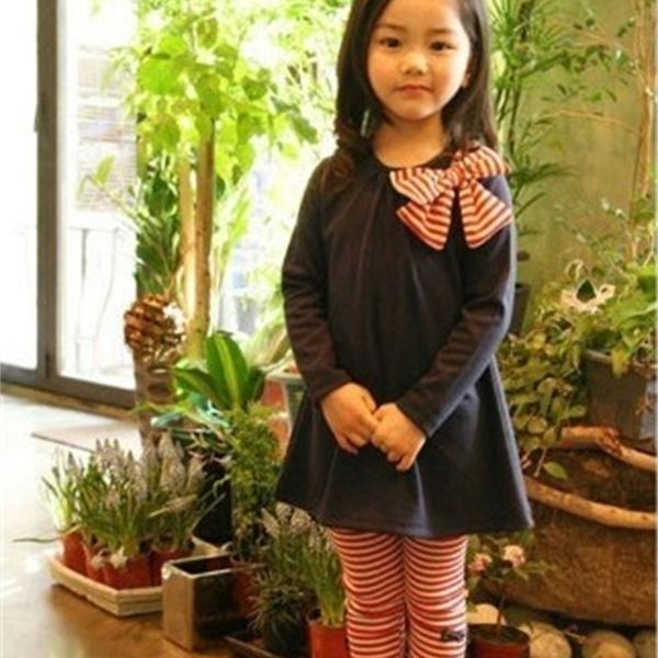 

retail wholesale spring and autumn toddler girl clothing sets children clothes kids with bow+striped leggings 2pcs y200525, White