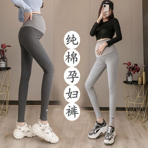 

pregnant women's pants spring and autumn leggings for pregnant woman outer wear pure cotton ribbed pattern lettered leggings tro, White
