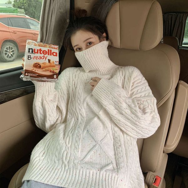 

autumn and winter oversized thick twist sweater fat mm loose and thin turtleneck sweater fashionable materni drs, White