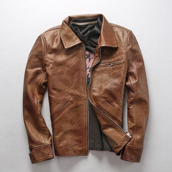 

men's vintage oil wax cow leather jacket turn down collar casual leather coat men simple style brown real jacket male1, Black