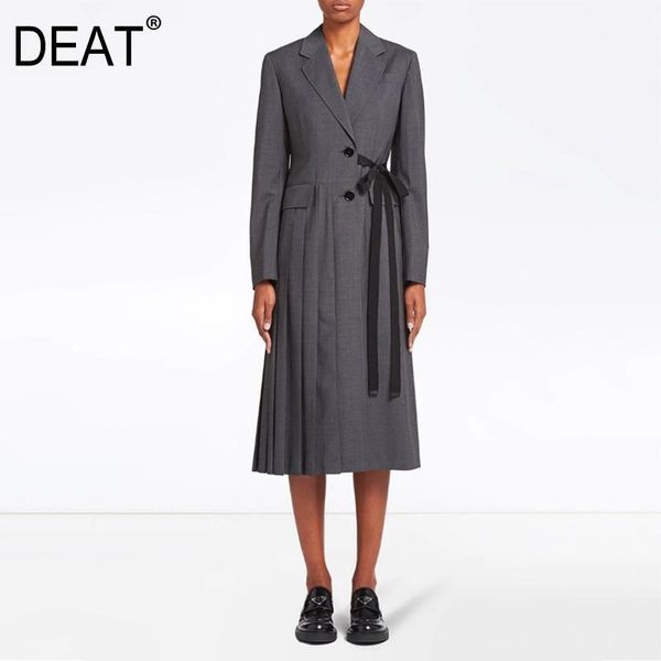 

deat turn-down collar full sleeves bow stringe double pocket pleated gray color high waist long windbreaker female wo611021, Tan;black