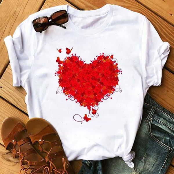 

women pink heart flower print tshirt cartoon casual funny t shirt gift 90s lady yong girl t shirt drop ship valentines day, White