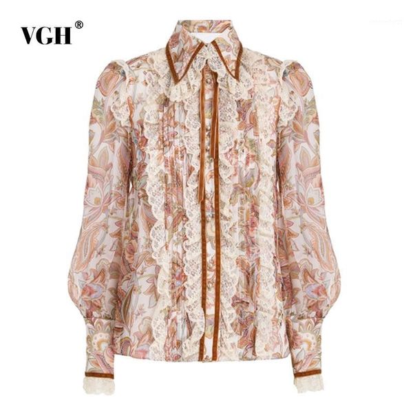 

vgh patchwork ruffles lace blouse for women lapel lantern long sleeve loose elegant blouses female fashion clothes 2020 new tide1, White