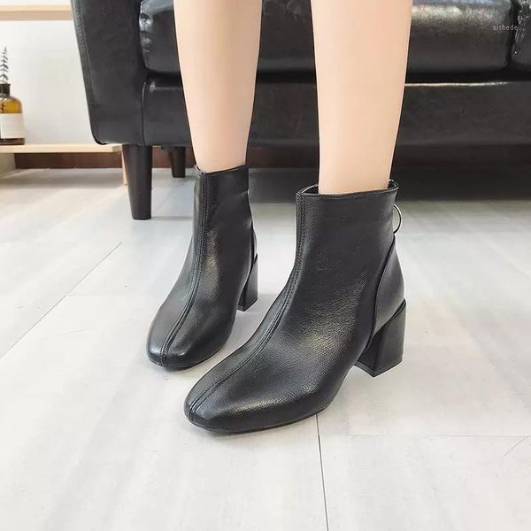 

boots genuine leather ankle women hoof heel autumn lady high heels shoes fashion woman square toe zipper black beige boots11