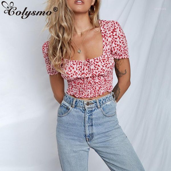 

colysmo chiffon print women vintage square neck short puff sleeve short blusas 2020 new red casual summer blouse blue1, White