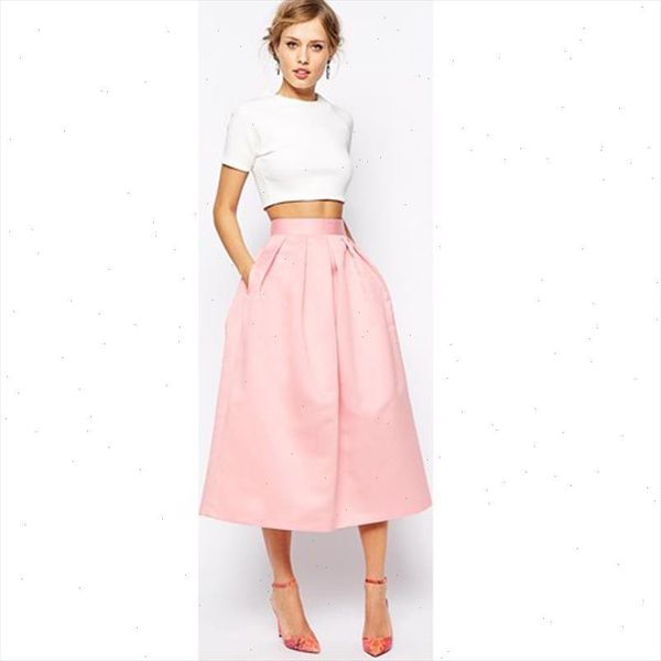 

graceful blush pink satin skirts 2021 2021 with pockets a line chic invisible zipper waist pleated tea length skirt for women, Black