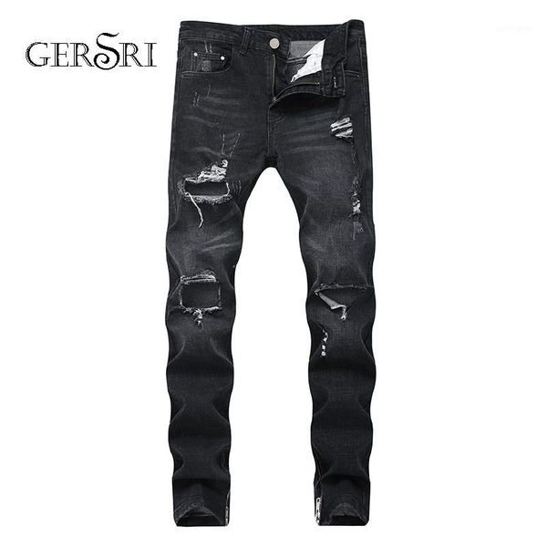 

gersri men jeans hole casual cotton ripped jeans men hiphop pants straight for denim trousers1, Blue