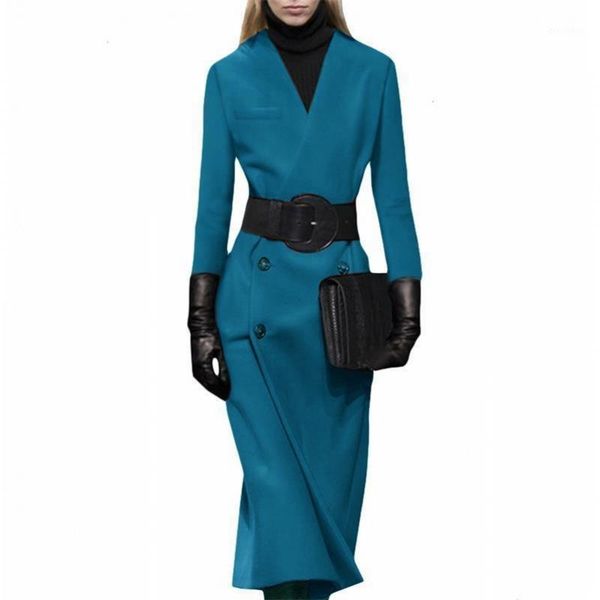 

women's wool & blends french style offica lady v-neck woolen coat women slim double breasted long overcoat plus size 2xl1, Black