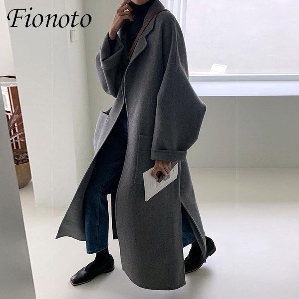 

women's wool & blends fionoto casual oversized long blend coats women 2021 winter side split lace-up female outwear elegant ladies wool, Black