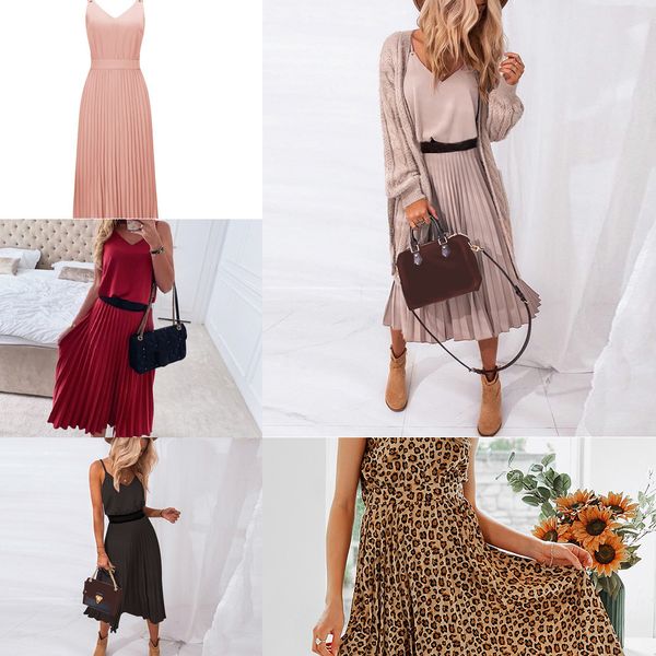 

2020 women summer dress spaghetti strap dress v-neck pink female pleated midi dress casual office ladies party dresses h1210, Black;gray