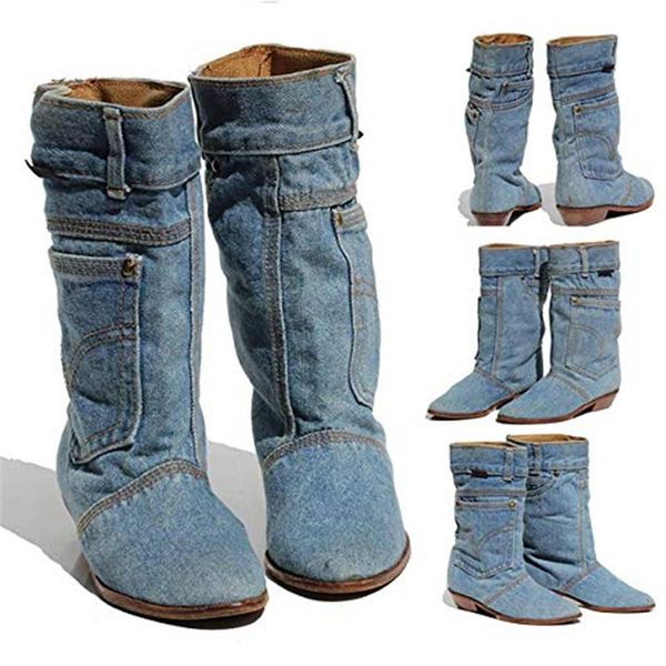 

low heel denim casual denim boot ladies autumn winter cowboy boots, Black