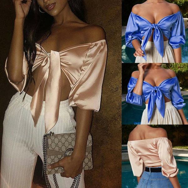

new womens ladies satin silk tie up knot flared sleeved cropped off shoulder plunge women shirt fashion streetwear, White
