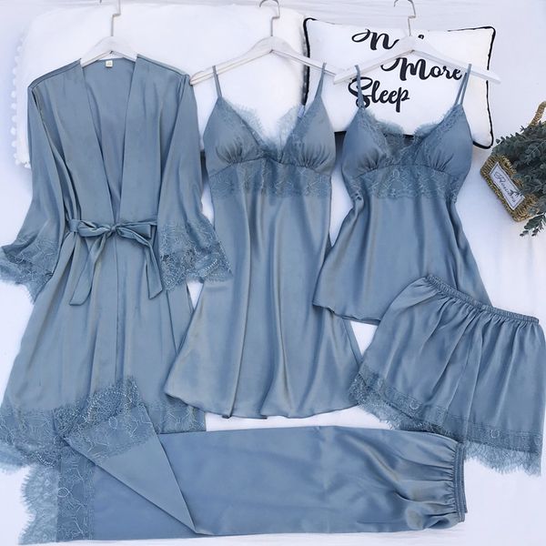 

5pcs pajamas set silk satin womens lace nightwear spring strap pyjamas suit female lounge sleepwear with chest pads home wear, Black;red