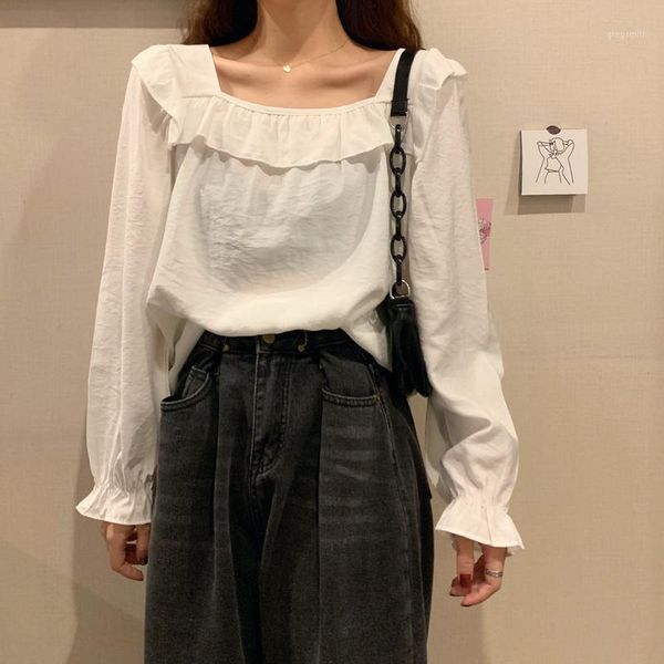 

ruffles solid blouse women square collar butterfly sleeve korean fashion clothing casual office female shirt new autumn 20201, White