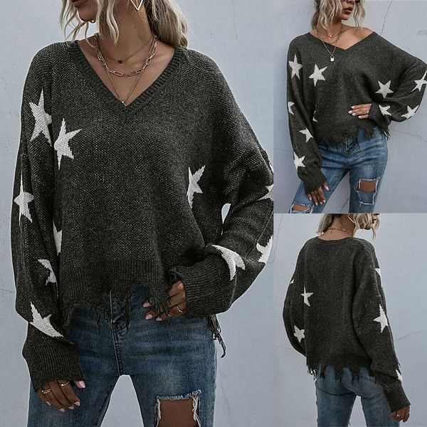 

star pullover tassel knitted sweater fashion women o-neck long sleeve 2021 new deep v-neck women's autumn sweaters, White;black