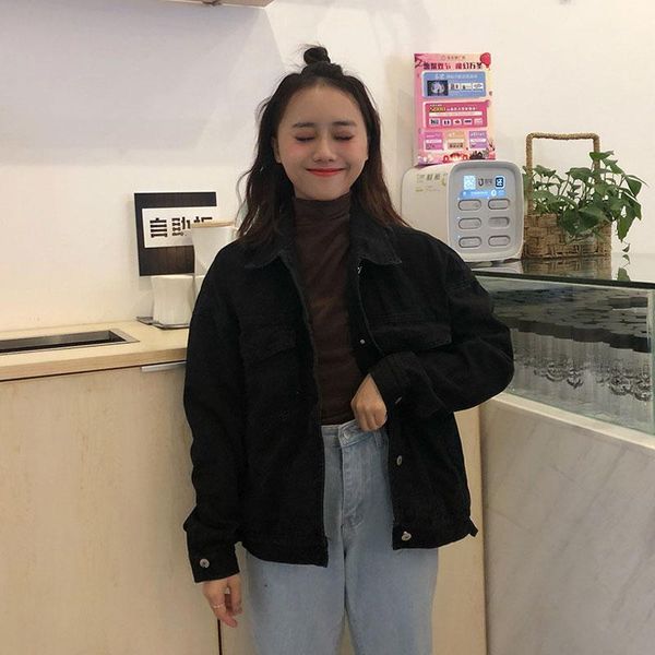 

women's denim jacket 2020 black jeans jacket autumn winter coat casual harajuku streetwear loose pockets windbreaker1, Black;brown