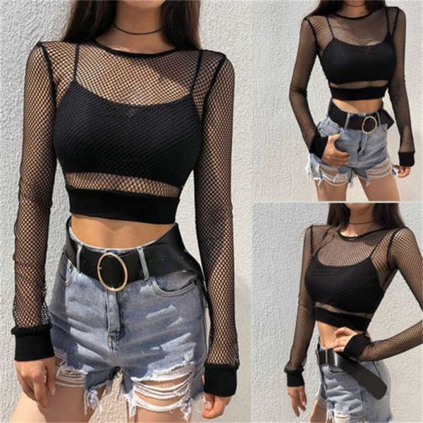 

women's long sleeve perspective mesh fishnet bodysuit crop t-shirt, White