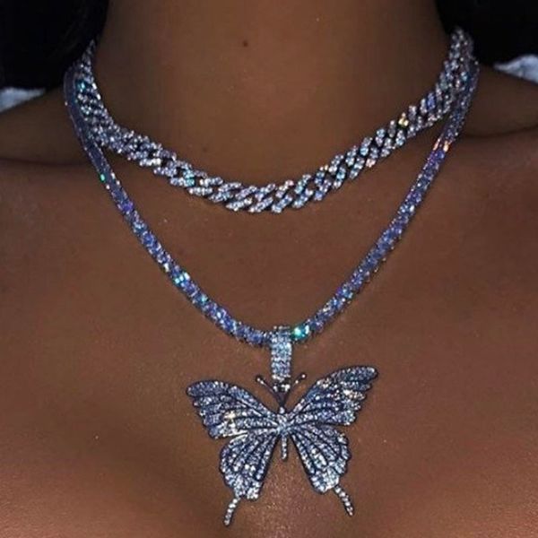 

2pcs/set luxury shiny chunky rhinestone choker hip hop bling crystal butterfly pendant necklace nightclub party jewelry q1107, Silver