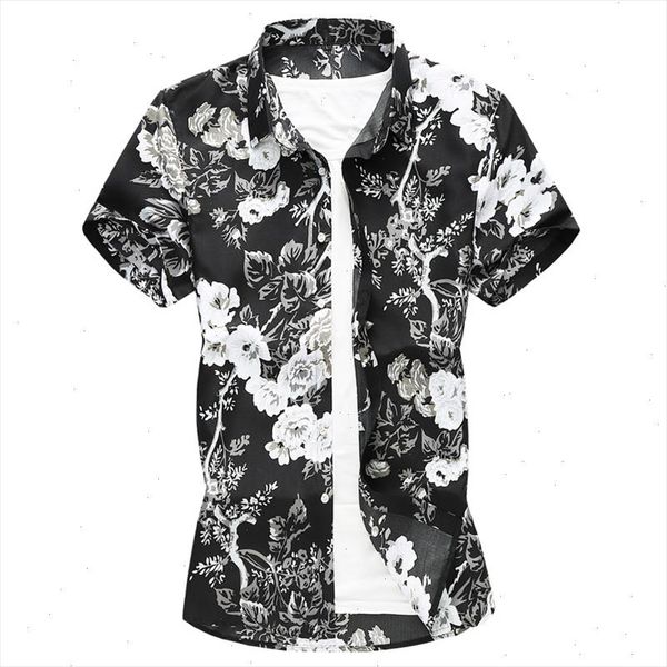

2021 summer men black floral printed hawaiian vacation party short sleeve shirts hip hop male casual shirt plus size 5xl 6xl 7xl, White;black
