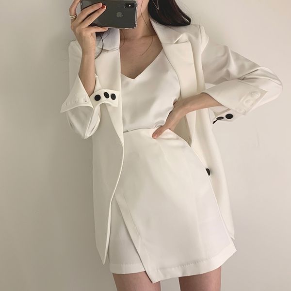 

[ewq] autumn korean women's blazer lapel design sense hollow tie waist single button long-sleeved suit jacket women y201026, White;black