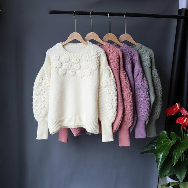 

autumn new flower knitted pullovers woman sweaters o-neck solid embroidered lantern sleeve sweater women clothes casual, White;black