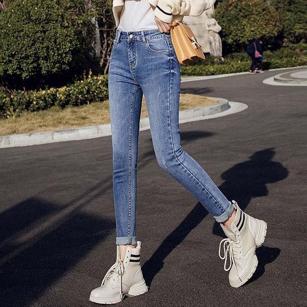 

fashion jeans women high waist jeans ladies high elastic plus size stretch thicken female washed denim skinny pencil pants, Blue