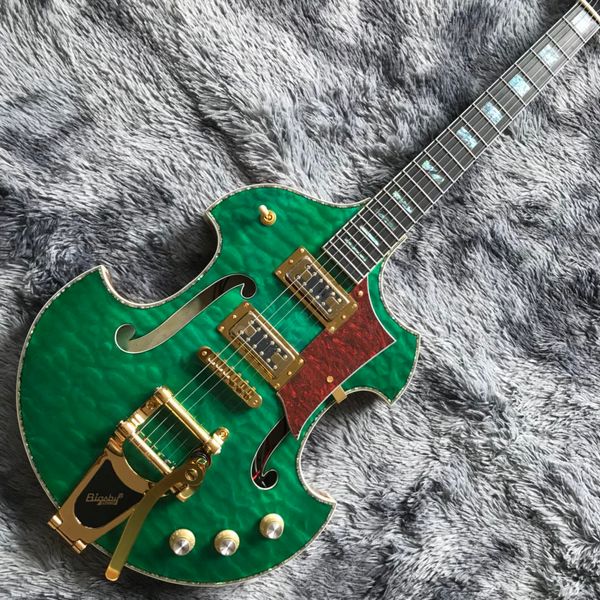 Chitarra elettrica personalizzata con corpo semi-cavo in verde Accetta logo e forma personalizzabili