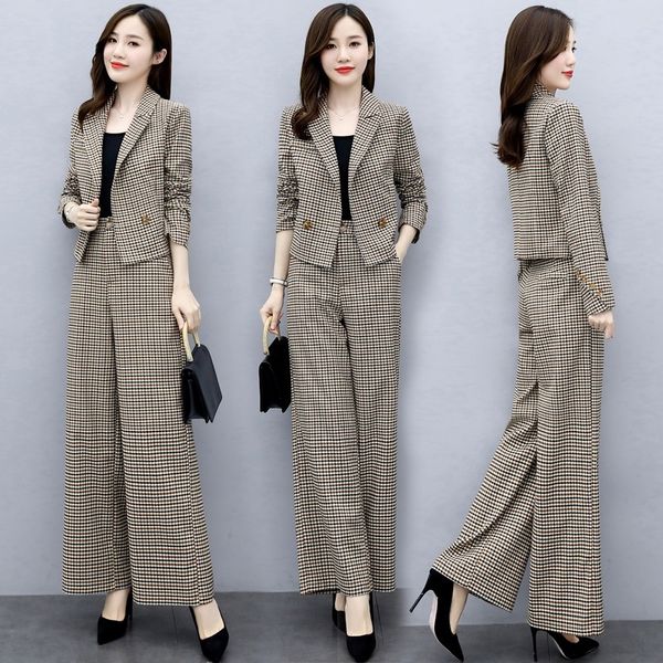 

yamdy plaid suit for women korean wide w70za set autumn 2020 new spring style younger style fashionable wide leg pants two piece pants leg, Gray