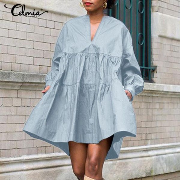 

celmia women big swing mini dress bohemian long sleeve ruffled a-line dresses 2021 fashion v-neck casual party sundress 5xl, Black;gray