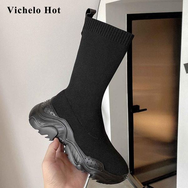 

vichelo sock boots knitting all-match handmade round toe thick high heel zip dating fashion energy lady mid-calf boots l18, Black