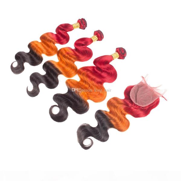 

brazilian three tone body wave human hair 3bundles with closure 4x4 red orange black hair weaves with closure
