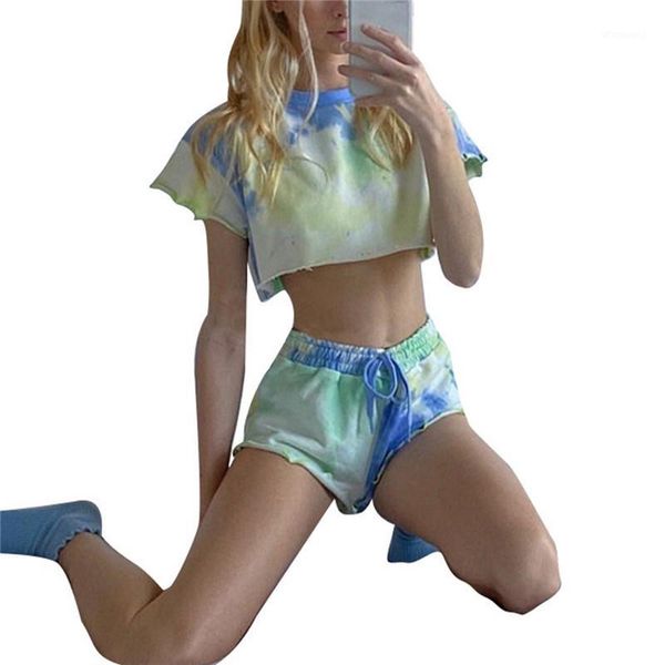 

2020 new women tie dyed print short sleeve shorts suit 2pcs sporty set biker tracksuit club outfits1, White