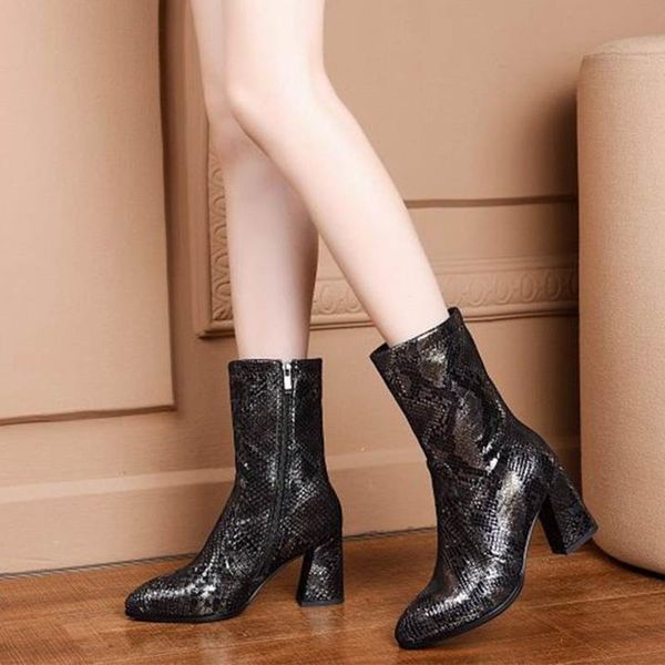 

women ankle boots ladies shoes squara heels zippers high heels short boots sexypu leather 2020 new platform female footwear, Black