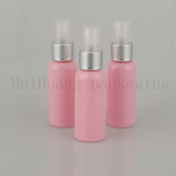 50 Stück 50 ml leere Nebel-Silberhalsband-Spray-Plastikflasche, rosa Kosmetik-Sprüh-Pumpflasche, Reisegröße-Behälterverpackung