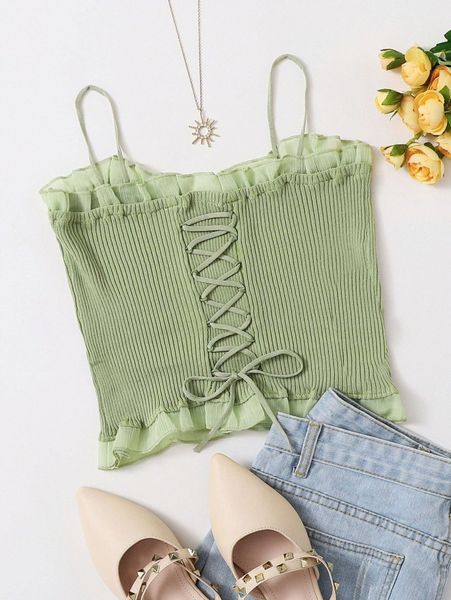 

lace up knot mesh frill trim rib-knit s3ue#, White