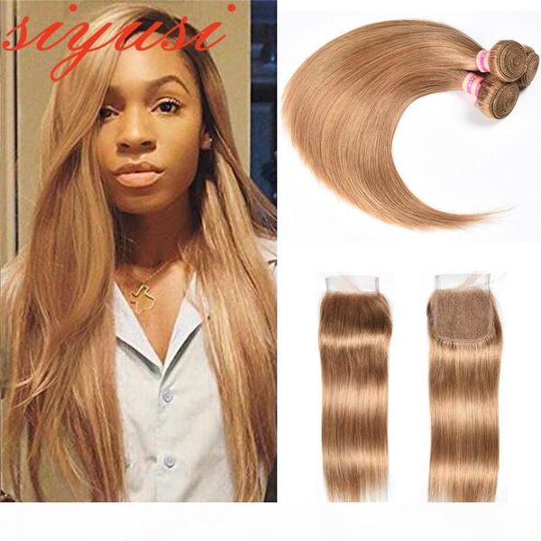 

straight blonde hair brazilian human hair bundles with lace closure #27 honey blonde brazilian virgin hair with lace closure, Black;brown