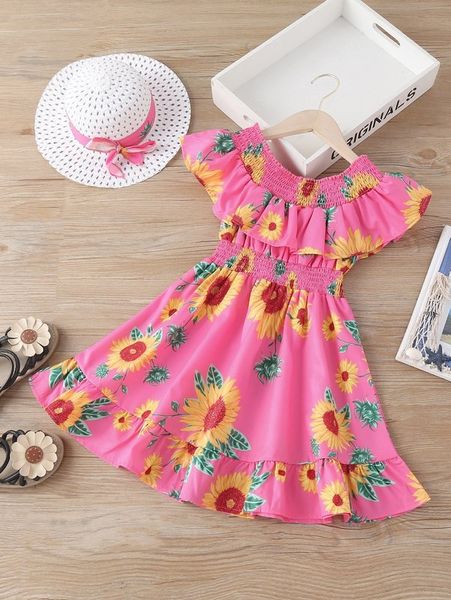 

toddler girls floral print shirred ruffle trim dress with hat she, Red;yellow