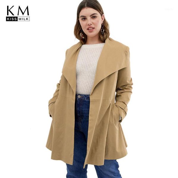 

kissmilk plus size woman clothes simple casual lapel tie a-line hem long windbreaker jacket1, Tan;black