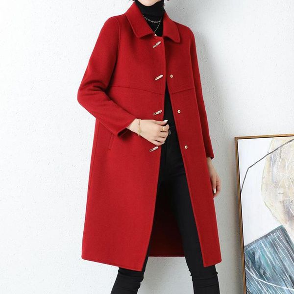 

black high weave double-sided cashmere overcoat women's mid long 2021 winter new slim high-end wool overcoat