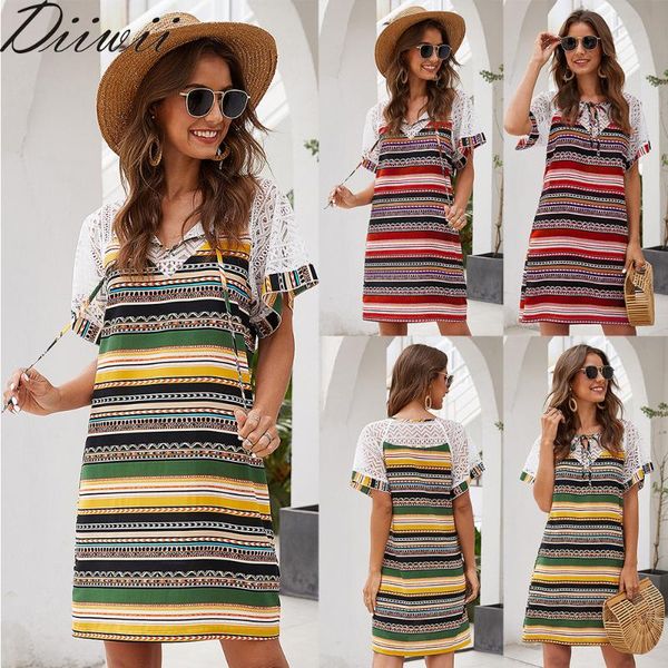 

diiwii women striped lace mini dress v neck summer beach hollow short sleeve sundress drawstring fashion lady, Black;gray