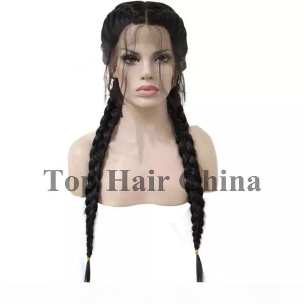 

black double braids synthetic braided lace front wig with baby hair wig heat resistant fiber middle part