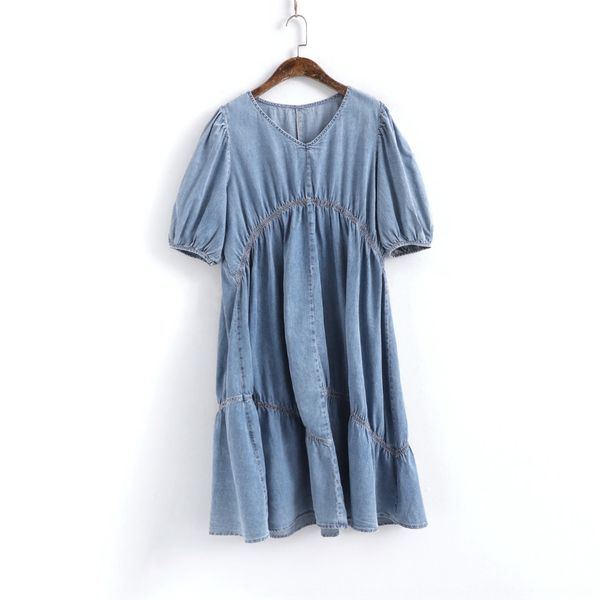 

010726 tencel denim a dressline dress slimming irregular stitching pleated bubble sleeve elegant fishtail dress summer ftcar, Black;gray