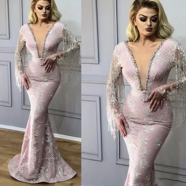 

pink prom dress v neck lace appliques mermaid tassel lace long sleeve evening dresses gowns arabic, Black