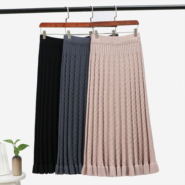 

cable twist women knitted skirts autumn winter thick warm midi skirt elastic band high waist tulle skirt for women 2019, Black